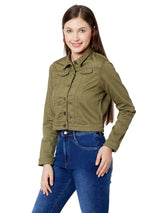 Women Crop Denim Jacket - Light Olive