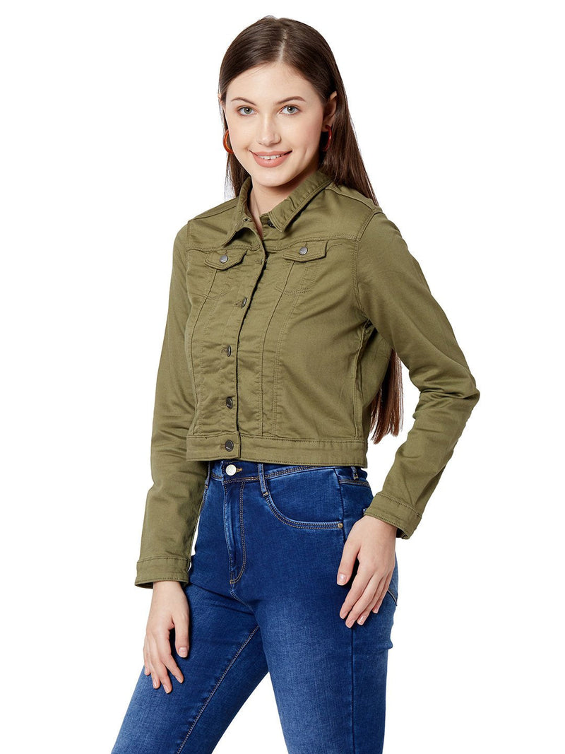 Women Crop Denim Jacket - Light Olive