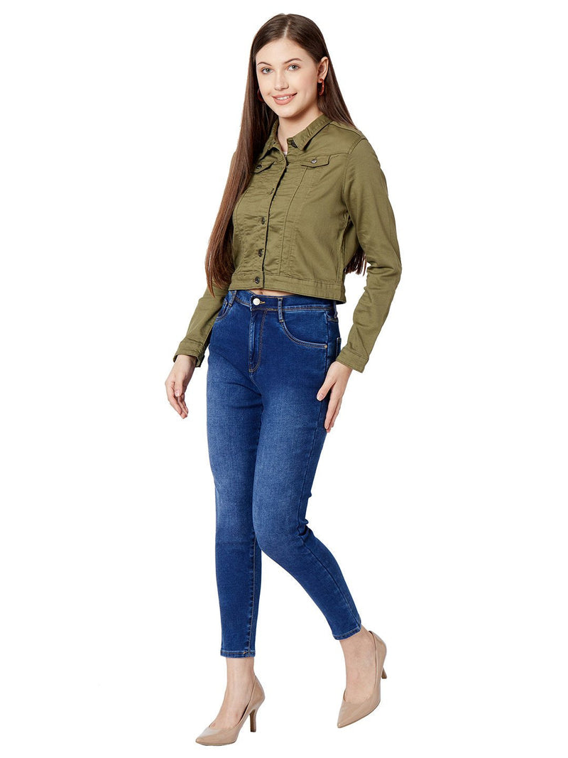 Women Crop Denim Jacket - Light Olive