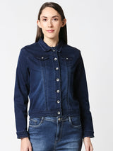 Women Solid Regular Denim Jacket - Dark Blue