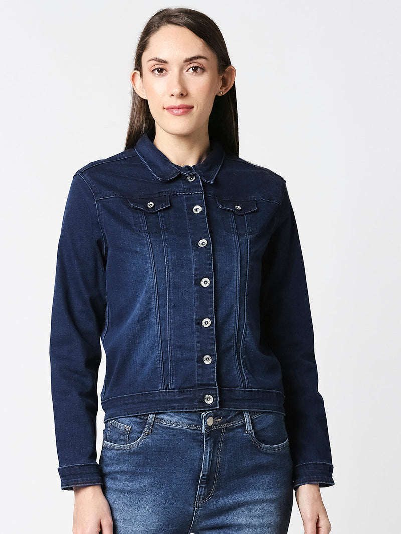Women Solid Regular Denim Jacket - Dark Blue