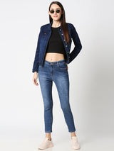 Women Solid Regular Denim Jacket - Dark Blue