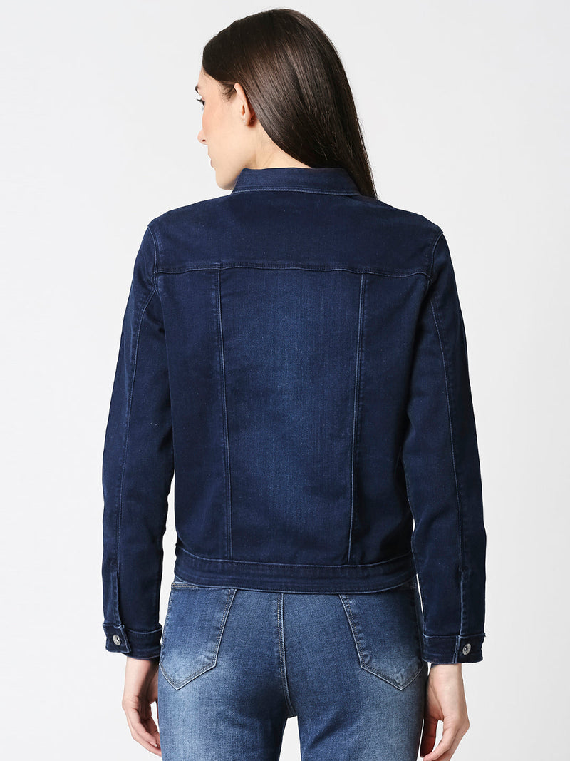Women Solid Regular Denim Jacket - Dark Blue
