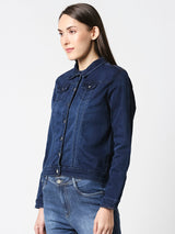 Women Solid Regular Denim Jacket - Dark Blue