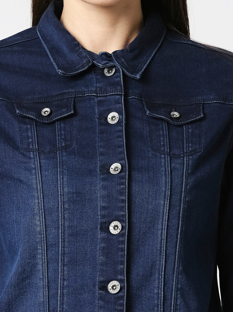 Women Solid Regular Denim Jacket - Dark Blue