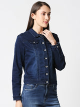 Women Solid Regular Denim Jacket - Dark Blue