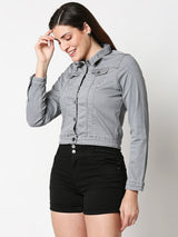 Women Grey Solid Denim Crop Jacket - Grey