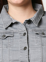 Women Grey Solid Denim Crop Jacket - Grey