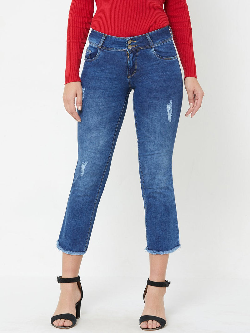 K4095 Midrise Cropped Flared Ripped Jeans - Blue
