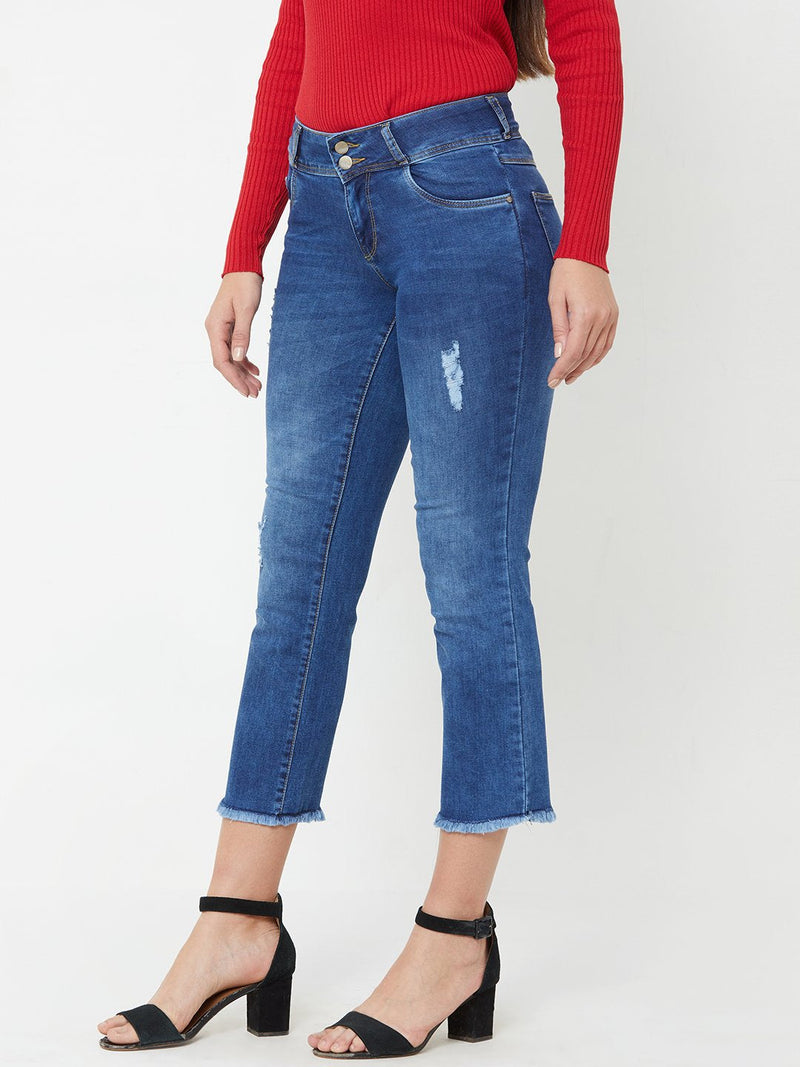 K4095 Midrise Cropped Flared Ripped Jeans - Blue