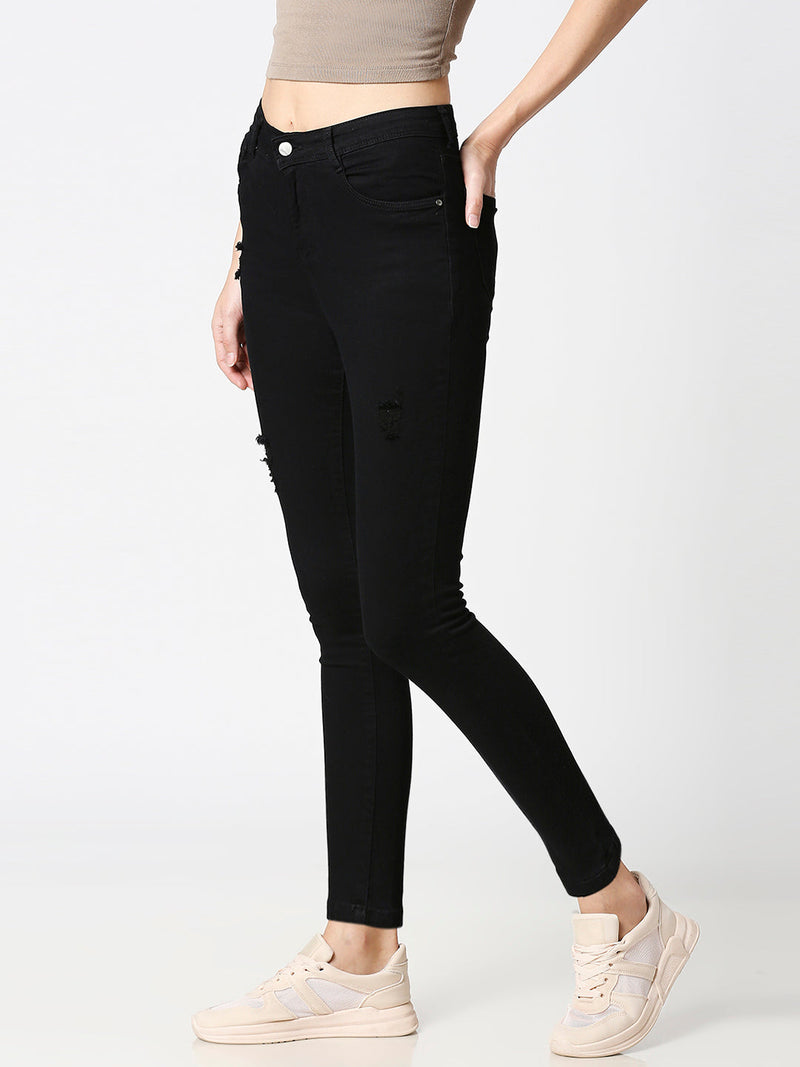 K4050 Mid-Rise Skinny Crop Length Ripped Jeans - Black