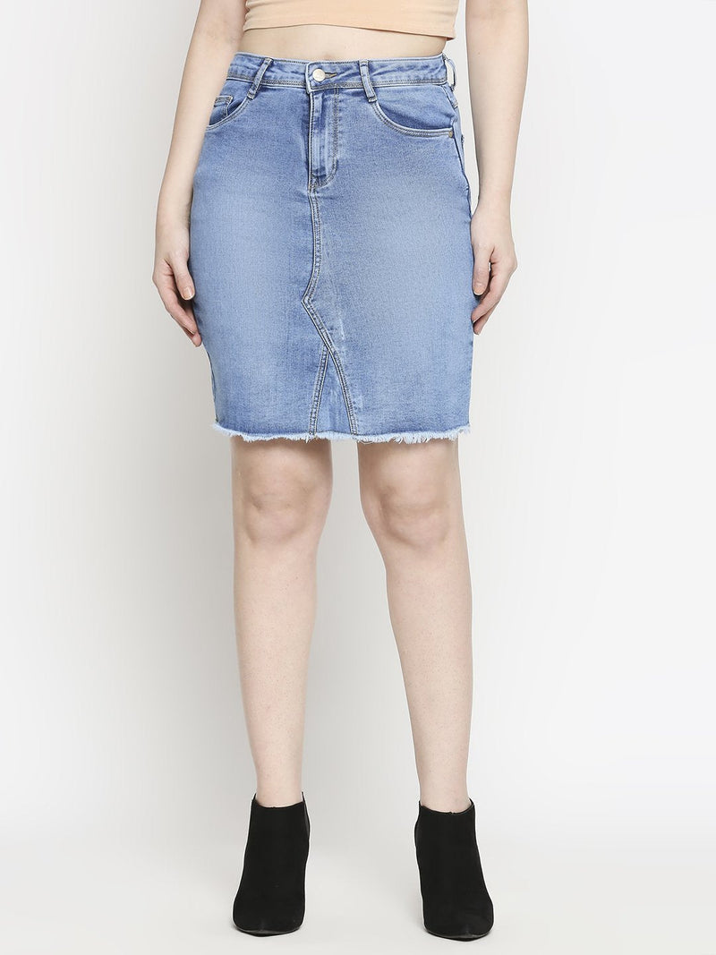 Women Solid Denim Straight Skirt - Mid Blue