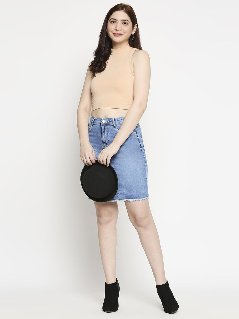 Women Solid Denim Straight Skirt - Mid Blue