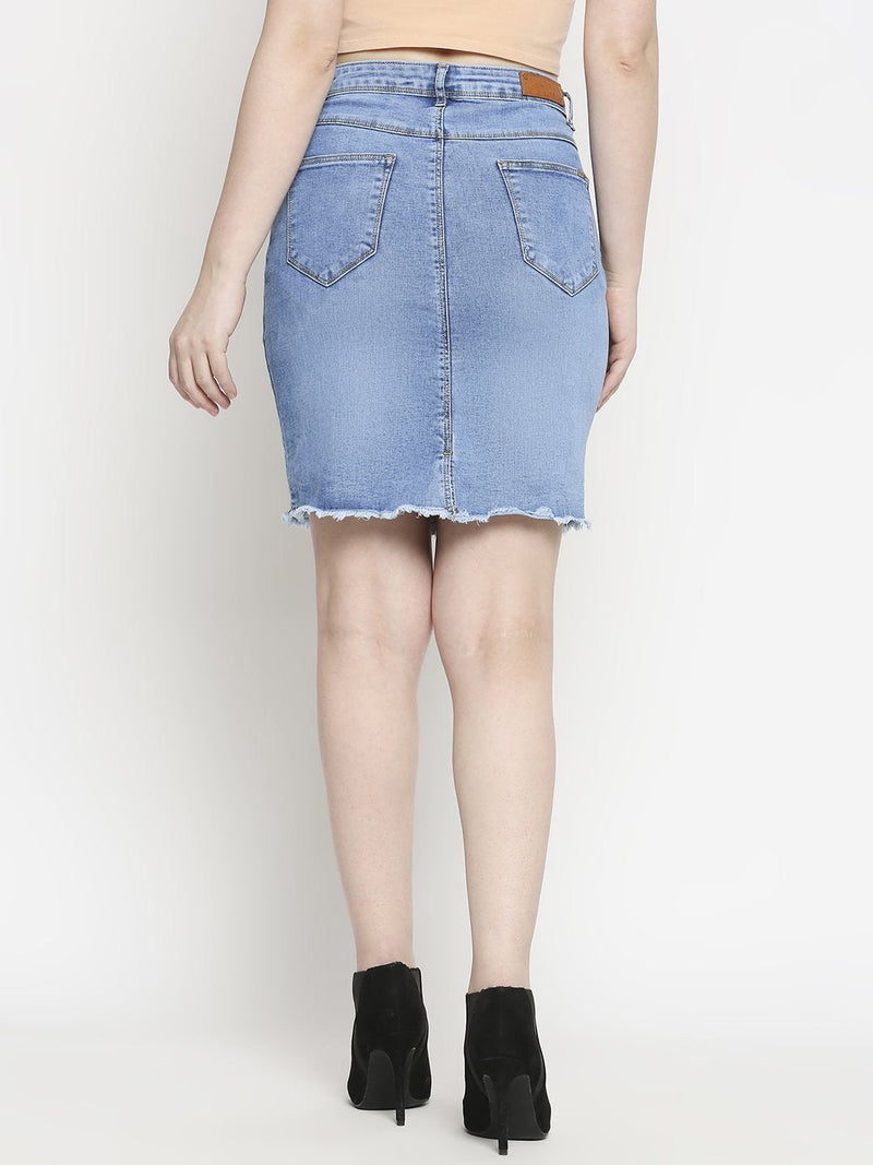 Women Solid Denim Straight Skirt - Mid Blue