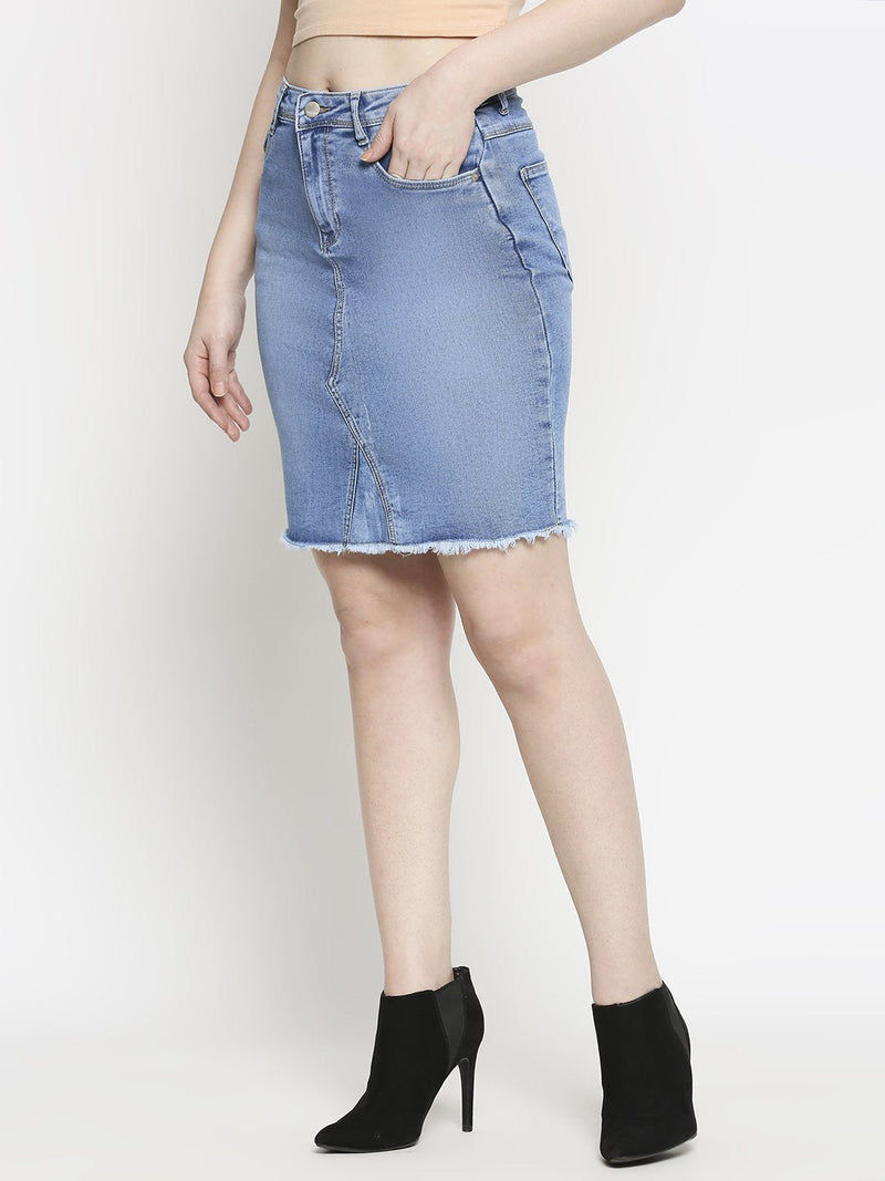 Women Solid Denim Straight Skirt - Mid Blue