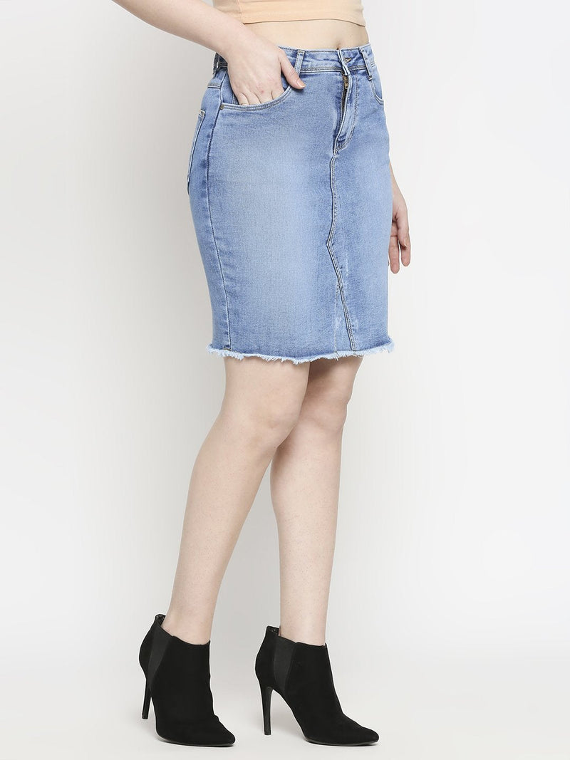 Women Solid Denim Straight Skirt - Mid Blue