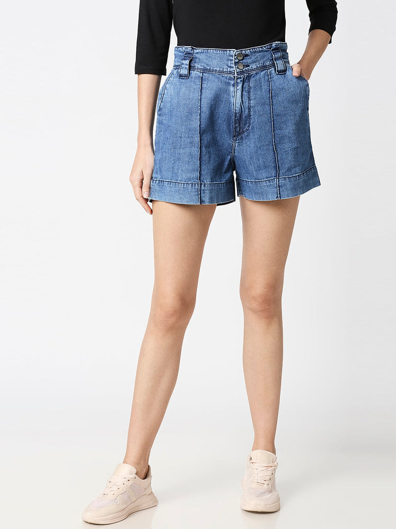 K4041 High-Rise Slim Shorts - Blue