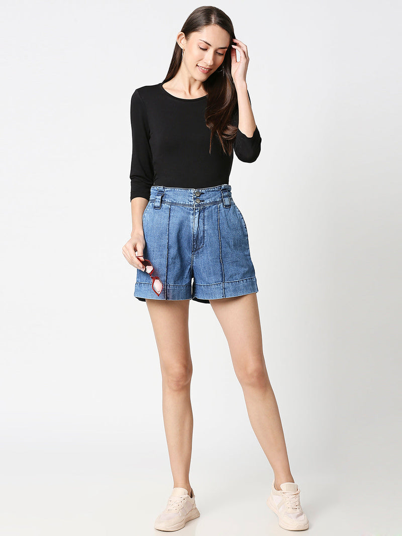K4041 High-Rise Slim Shorts - Blue