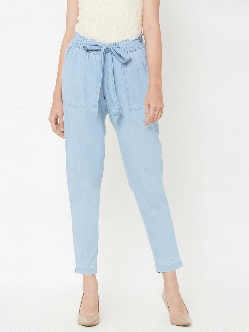 High Rise Paper Bag Pants - Mid Blue