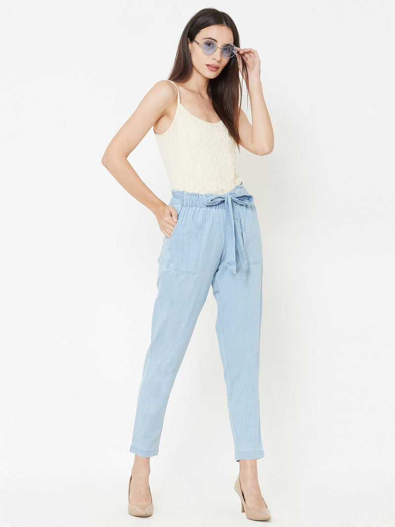 High Rise Paper Bag Pants - Mid Blue