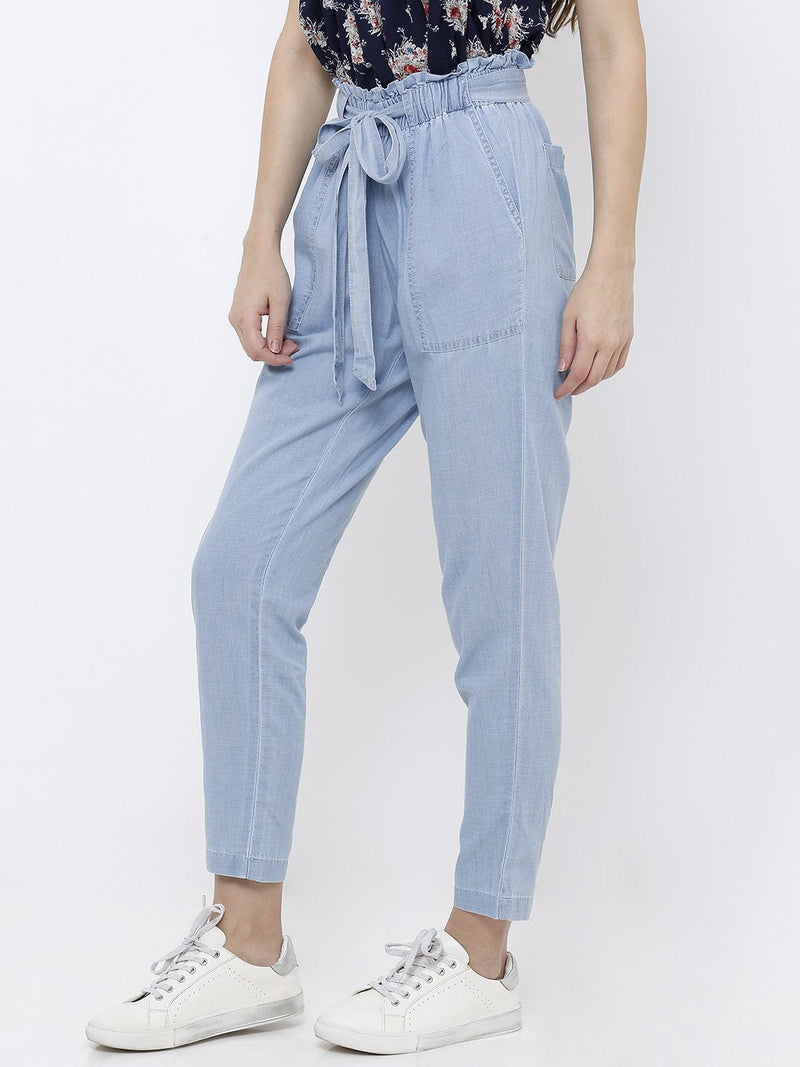 High-Rise Paper Bag Pants - Mid Blue