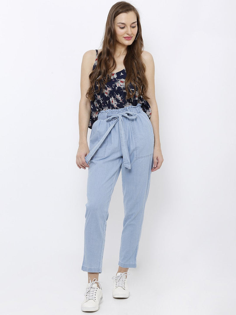 High-Rise Paper Bag Pants - Mid Blue