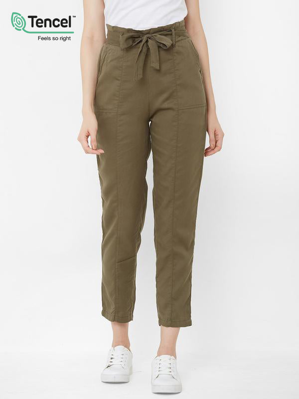 High-Rise Paper Bag Pants - Olive