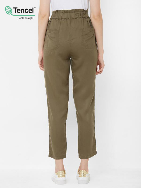 High-Rise Paper Bag Pants - Olive