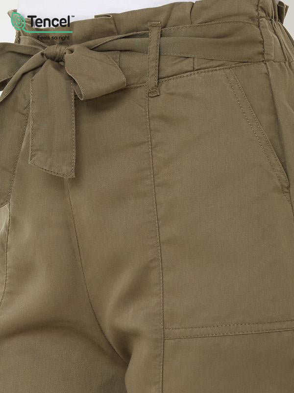 High-Rise Paper Bag Pants - Olive