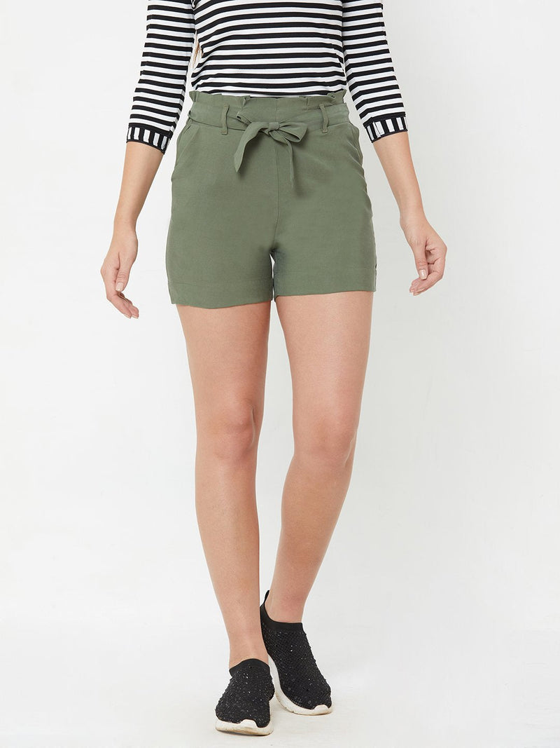High Rise Paper Bag Shorts - Olive