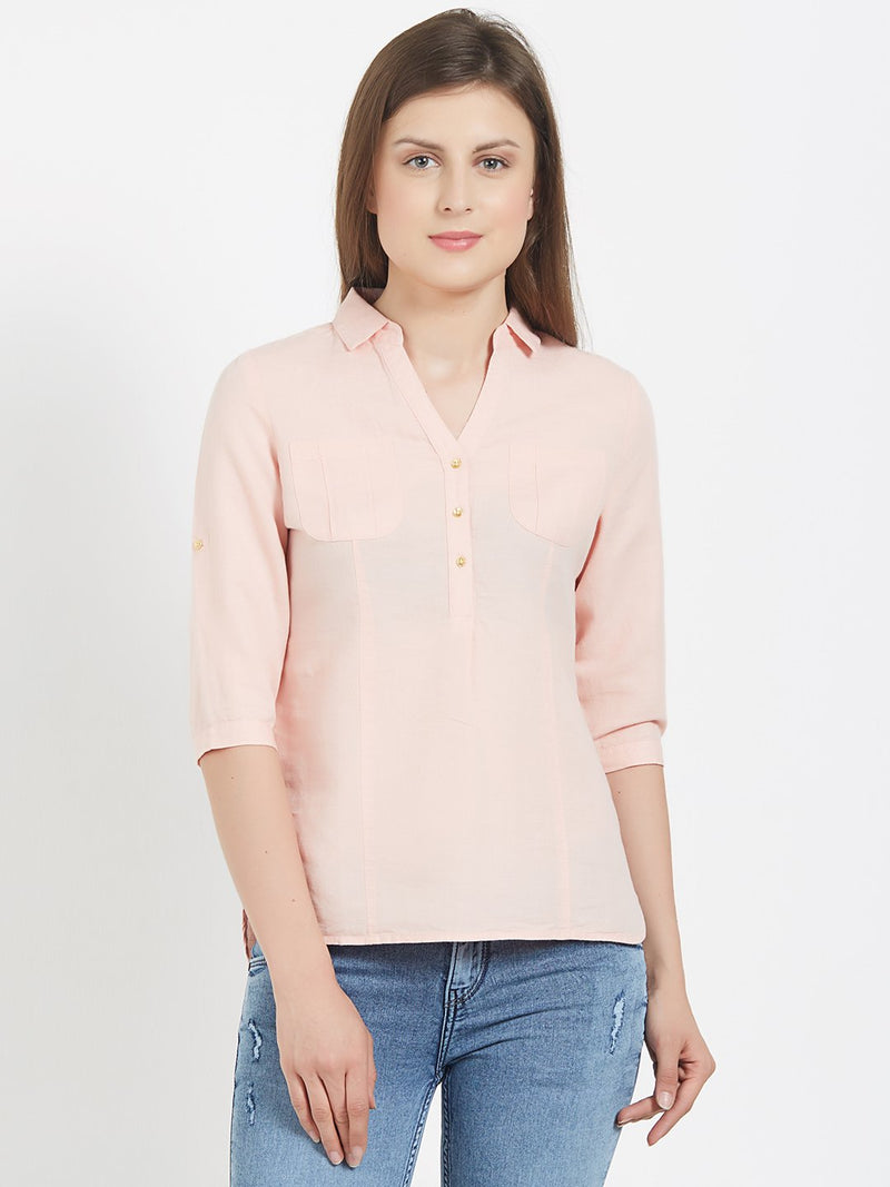 Solid Shirt Style Top - Peach