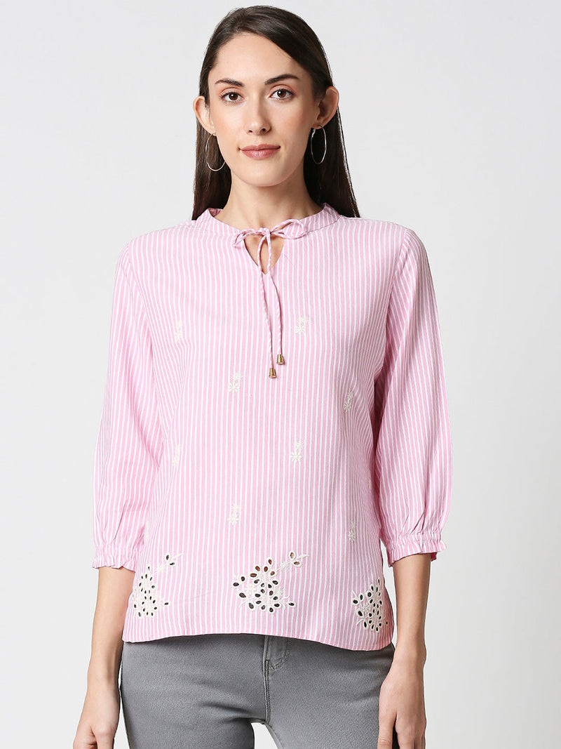 Women Striped Regular Striped Top - White Pink