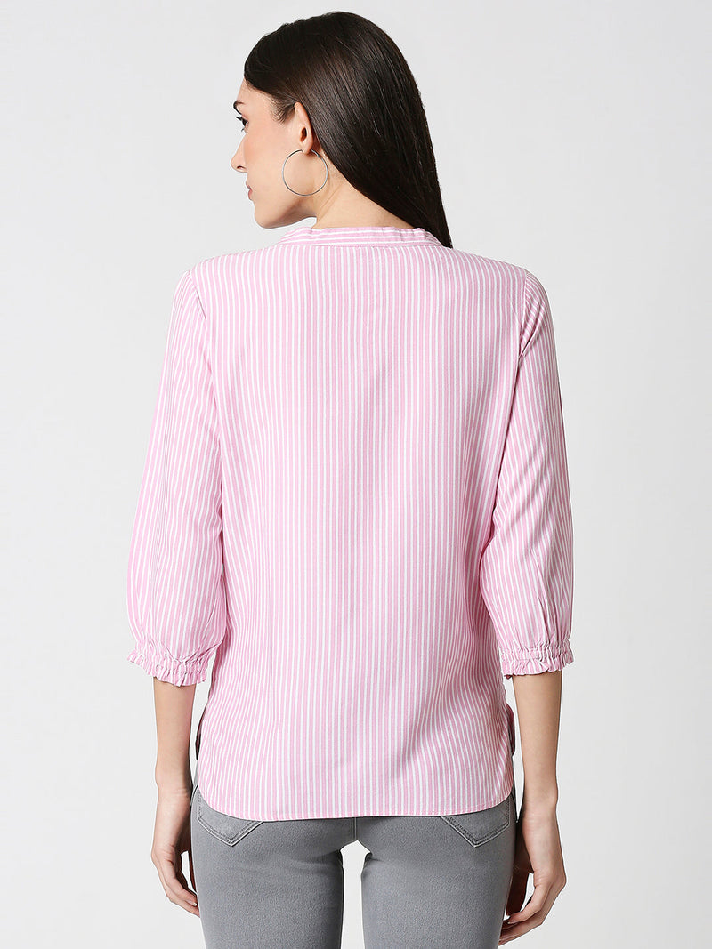 Women Striped Regular Striped Top - White Pink