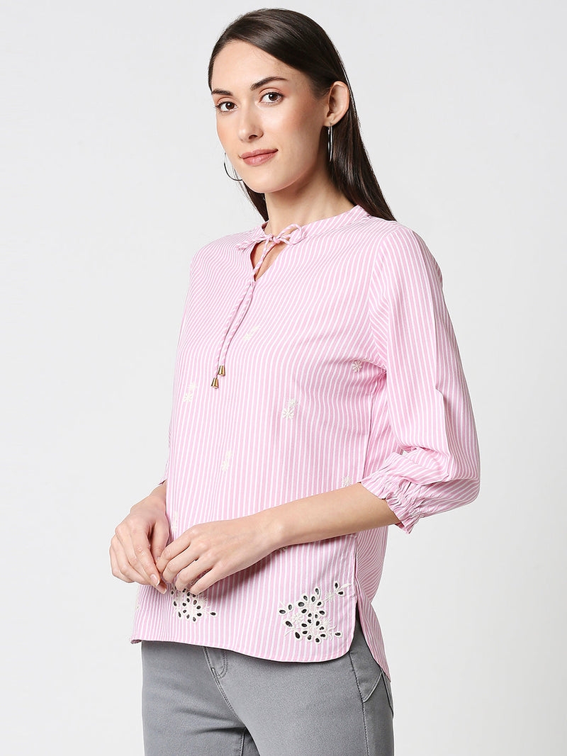 Women Striped Regular Striped Top - White Pink