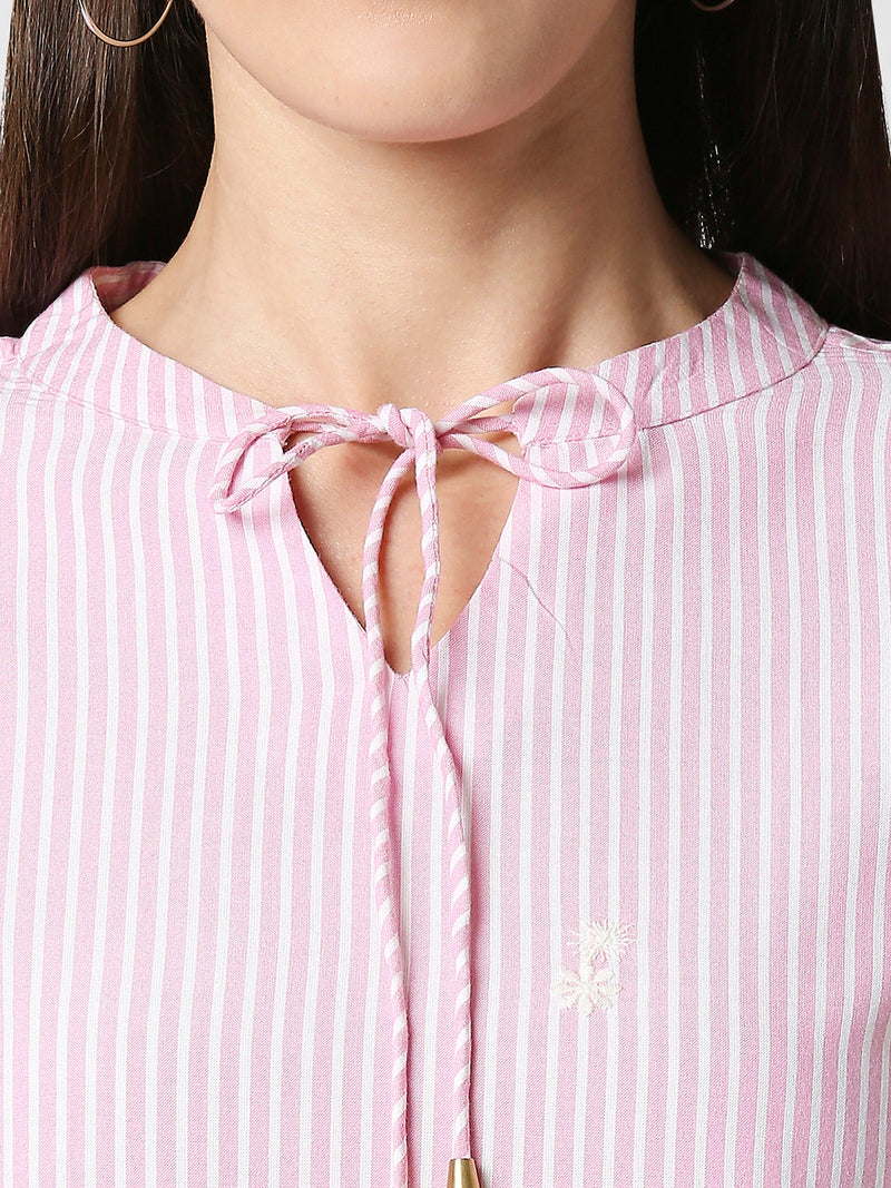 Women Striped Regular Striped Top - White Pink