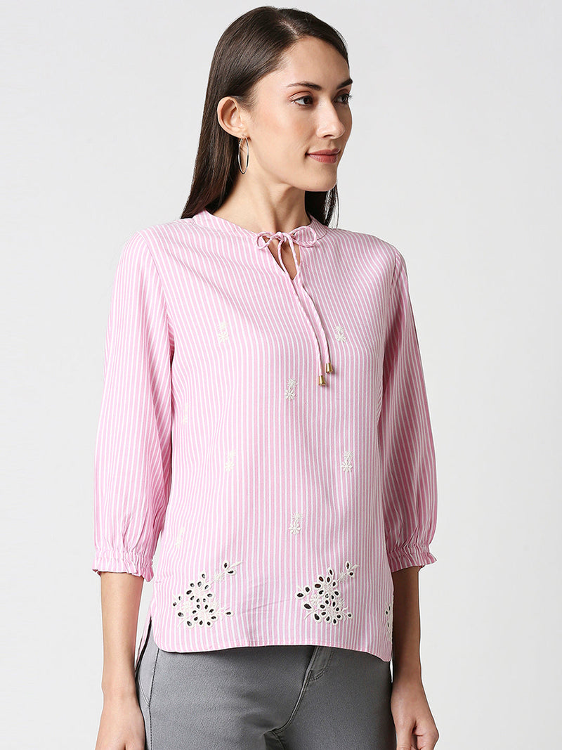 Women Striped Regular Striped Top - White Pink