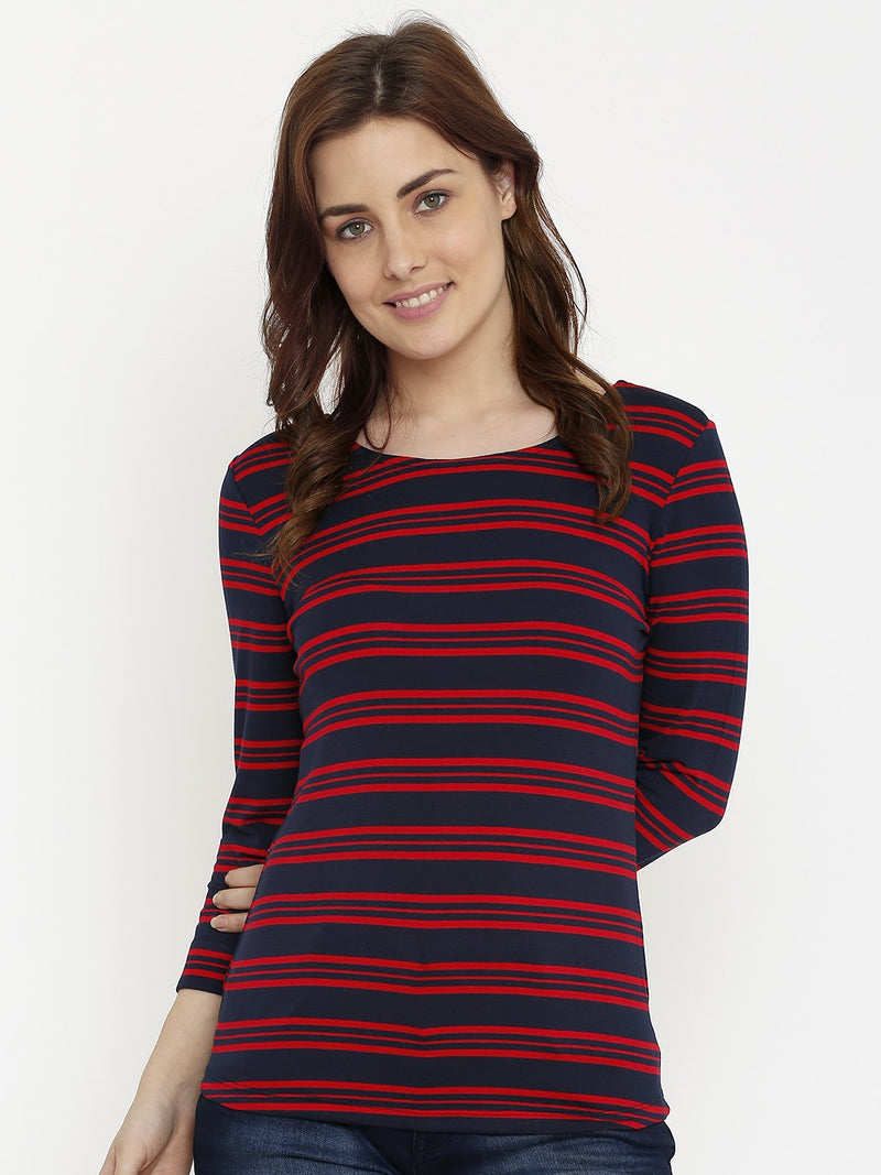 Striped Round Neck T-Shirt - Red & Navy