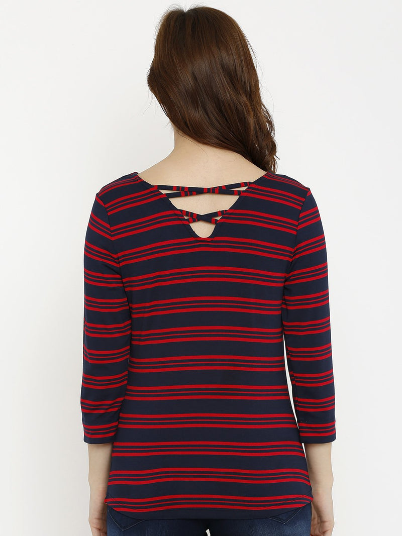 Striped Round Neck T-Shirt - Red & Navy