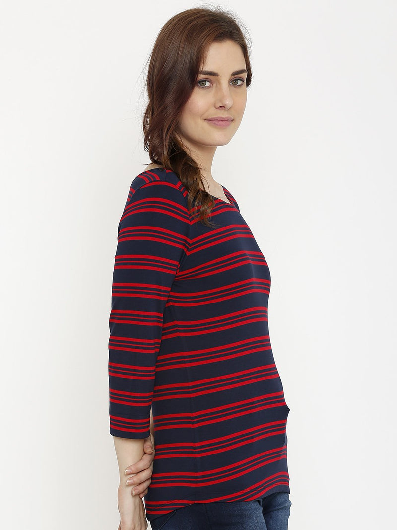 Striped Round Neck T-Shirt - Red & Navy