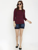 Striped Round Neck T-Shirt - Red & Navy