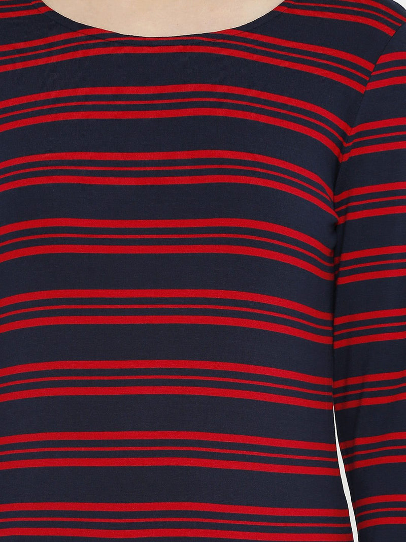 Striped Round Neck T-Shirt - Red & Navy