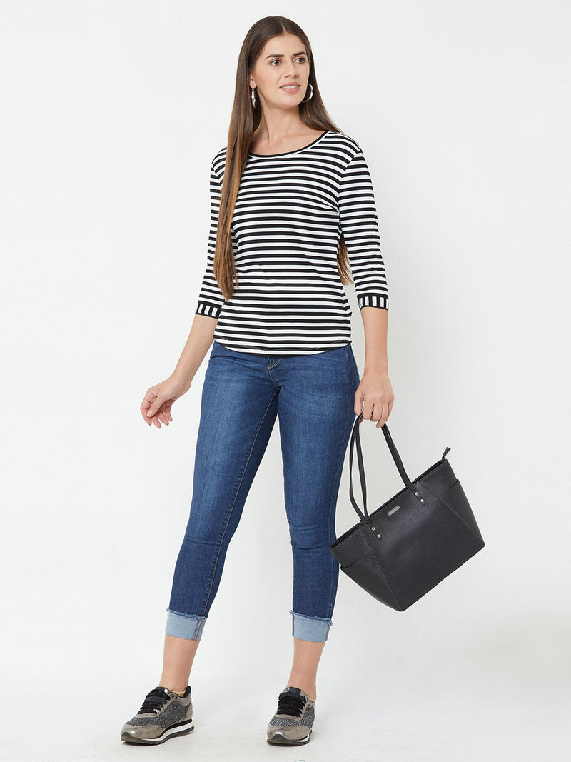 Knitted Black & White Stripe T-Shirt - Black White