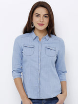 Women Solid Denim Shirt - Light Blue