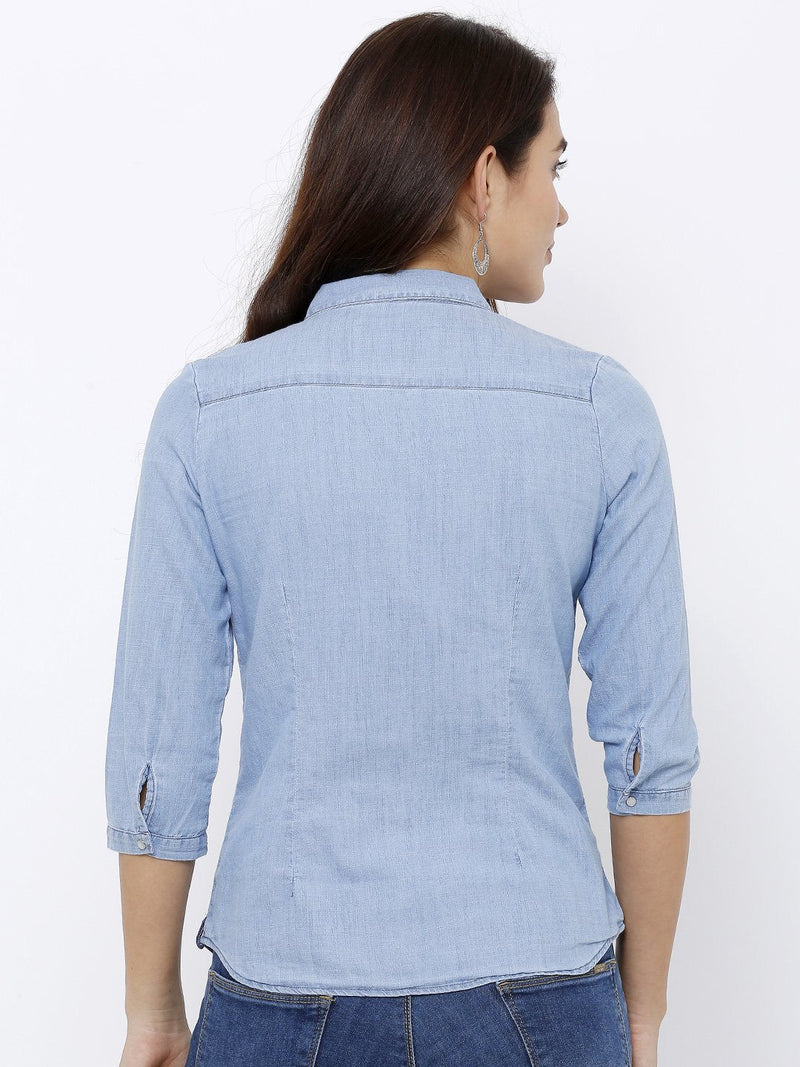 Women Solid Denim Shirt - Light Blue