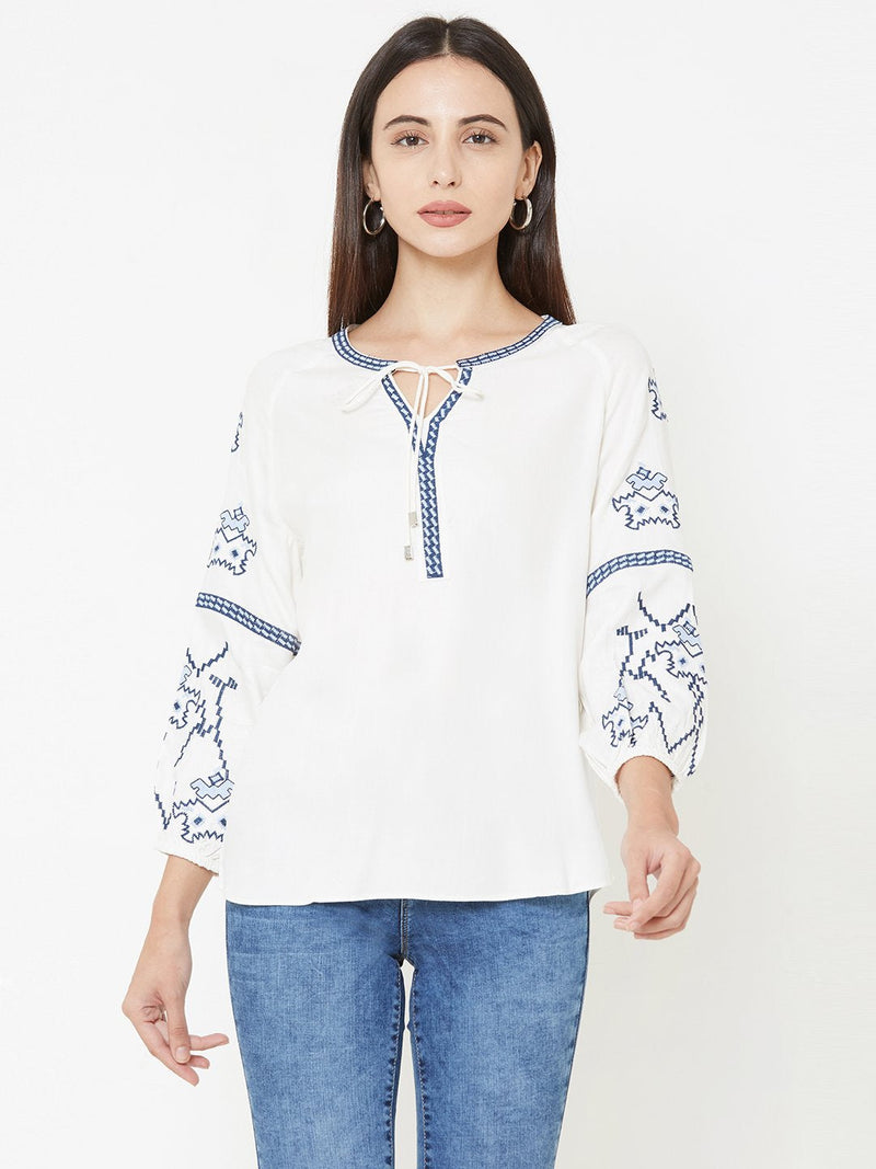 Off White Woven Printed Top - Off White