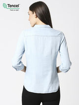 Women Solid Regular Denim Shirt - Light Blue