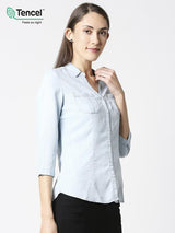 Women Solid Regular Denim Shirt - Light Blue