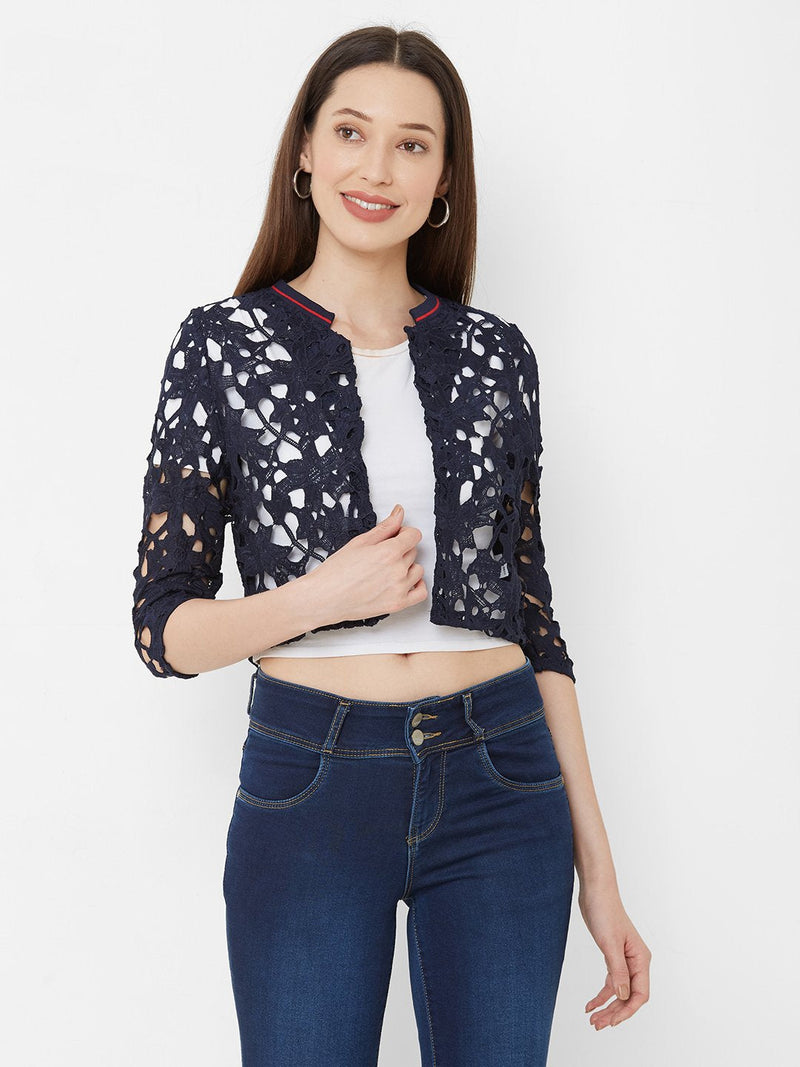 Self Design Open Front Shrug - Navy