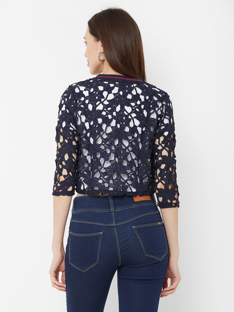 Self Design Open Front Shrug - Navy