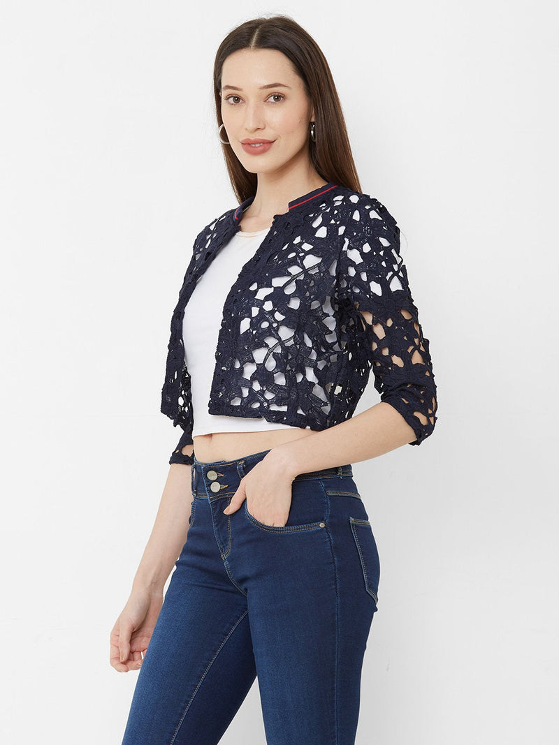 Self Design Open Front Shrug - Navy